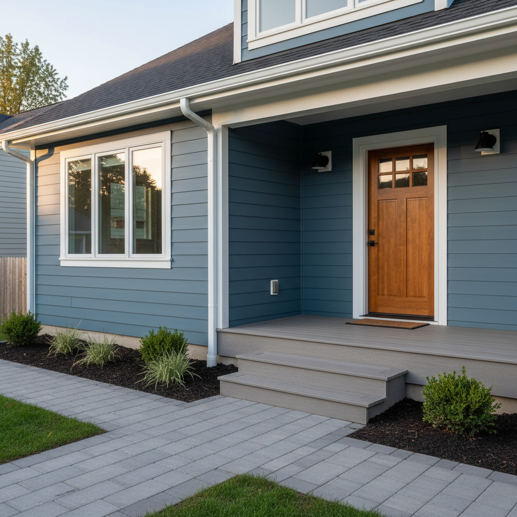 A freshly remodeled home exterior showcasing new fiber-cement siding in a cool slate-blue color with crisp white trim outlining perfectly straight window casings, soffits, and corner boards. A newly constructed composite front porch with wide, wood-textured gray decking leads to a modern craftsman-style front door in a rich stained wood tone, featuring three small square glass lites at the top. The walkway is composed of evenly laid concrete pavers surrounded by neat, low-maintenance landscaping with dark mulch and small evergreen shrubs. Soft late-afternoon natural light illuminates the facade, casting gentle shadows under the eaves and highlighting the clean alignment of siding boards. Photographed from a slightly low, angled perspective to give the home a solid, grounded presence, with sharp focus and true-to-life colors. The mood is stable, professional, and trustworthy, ideal for showcasing exterior remodeling craftsmanship.