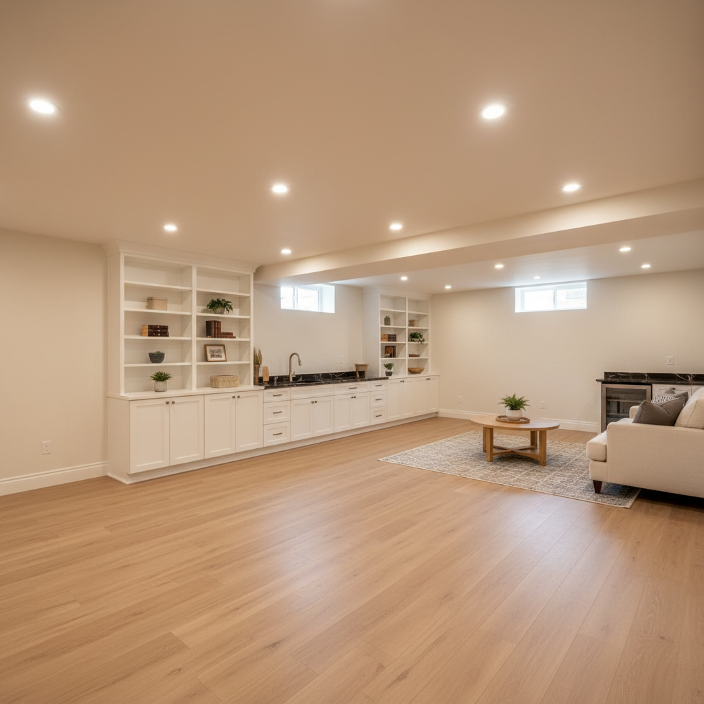A transformed unfinished basement turned into a bright, multi-purpose living space, with smooth luxury vinyl plank flooring in a light oak tone, freshly finished drywall painted a warm off-white, and recessed LED ceiling lights evenly spaced in a perfectly aligned grid. Built-in white cabinetry with open shelving anchors one wall, while a small wet bar with a dark quartz countertop and stainless under-mount sink occupies a corner. A narrow, high window lets in soft, diffused daylight that blends with the warm artificial lighting, eliminating harsh shadows. Photographed from a slightly elevated corner perspective with a wide-angle lens, the composition showcases the full length of the room, emphasizing headroom, straight lines, and the absence of clutter. The mood is clean, functional, and welcoming, rendered in realistic, professional photographic style to highlight the value of comprehensive residential remodeling.