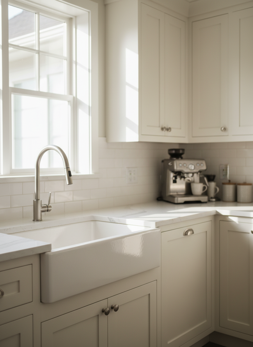 A high-end remodeled kitchen corner featuring custom-built floor-to-ceiling cabinetry in a soft, warm white with subtly recessed panel doors and brushed nickel hardware. A deep farmhouse apron-front sink in glossy white fireclay sits beneath a large window, with a pull-down stainless steel faucet arching gracefully above. The countertop is a thick, honed marble-look quartz with understated gray veining, extending into a neatly organized coffee station with small appliances slightly blurred in the background. Gentle morning sunlight filters through, casting soft highlights on the cabinet edges and creating delicate shadows along the backsplash. Photographed from a three-quarter angle at counter height, with a moderate depth of field that keeps the sink area in crisp focus while the background softly recedes. The mood is calm, bright, and professional, rendered in clean photographic realism to emphasize quality materials and finish work.