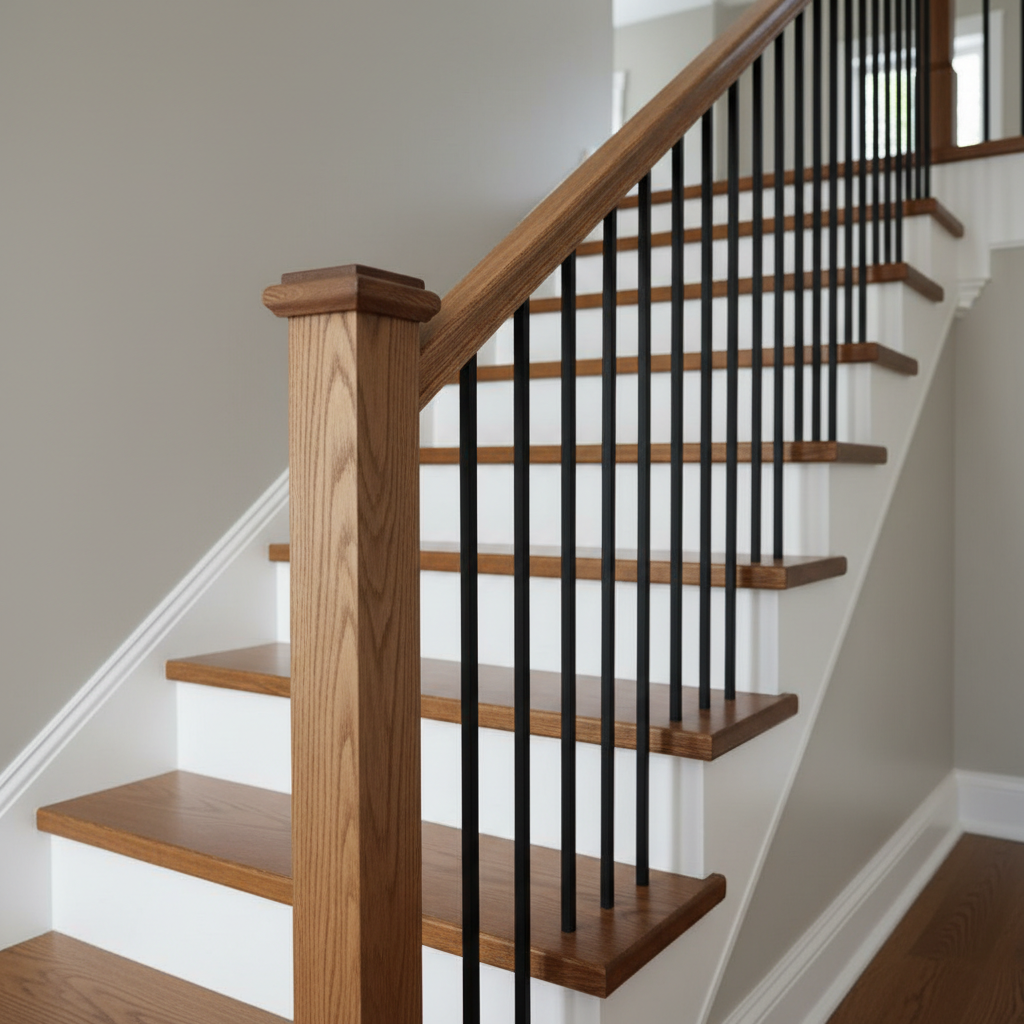 A detailed close-up of a remodeled staircase in a contemporary home, featuring rich, stained oak treads with a smooth satin finish and pure white risers meeting with perfectly sharp paint lines. The railing combines a solid oak handrail and sleek black metal balusters in a simple, linear pattern that feels modern yet timeless. The wall beside the stairs is painted a soft greige, with crisp, flawless baseboards and trim. Natural light from an unseen nearby window grazes across the surfaces, creating gentle highlights on the wood grain and subtle shadows under each tread. Shot from a low upward angle along the railing, with shallow depth of field that keeps the foreground balusters sharply detailed while the upper landing softly blurs. The photographic, professional aesthetic conveys craftsmanship, structural solidity, and attention to finishing details in residential remodeling.