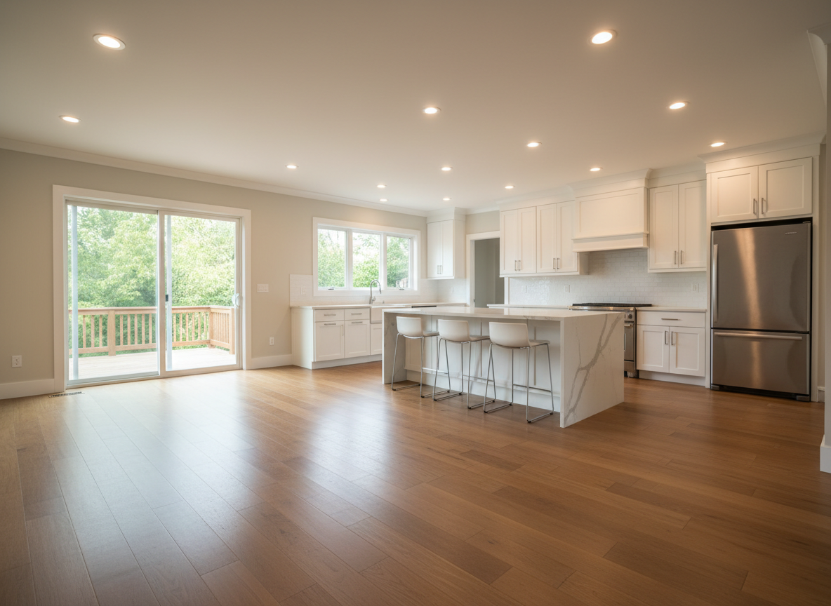 A meticulously remodeled open-concept living room and kitchen in a modern suburban home, featuring wide matte oak hardwood floors, crisp white shaker-style cabinetry, and a large quartz waterfall island with soft gray veining. Stainless steel appliances reflect subtle highlights, while a tiled subway backsplash in glossy white runs the length of the wall. Large sliding glass doors reveal a blurred hint of a backyard deck. Soft afternoon natural light pours in, complemented by warm recessed ceiling lights that cast gentle, even illumination with minimal shadows. Photographed at eye level with a wide-angle lens, the composition emphasizes spaciousness and clean lines, in sharp focus throughout. The mood is professional, polished, and inviting, with photographic realism and a clean, modern aesthetic suitable for a high-end residential remodeling portfolio.