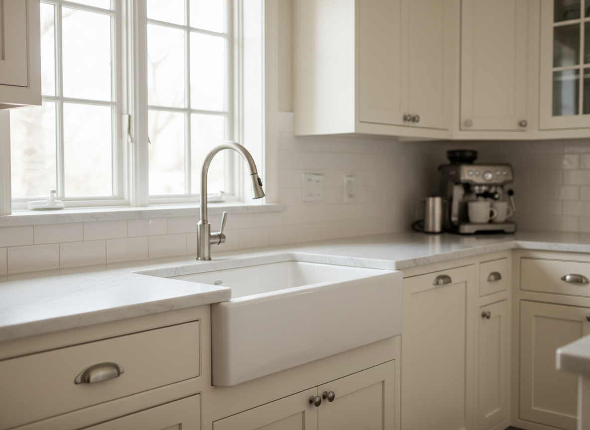 A high-end remodeled kitchen corner featuring custom-built floor-to-ceiling cabinetry in a soft, warm white with subtly recessed panel doors and brushed nickel hardware. A deep farmhouse apron-front sink in glossy white fireclay sits beneath a large window, with a pull-down stainless steel faucet arching gracefully above. The countertop is a thick, honed marble-look quartz with understated gray veining, extending into a neatly organized coffee station with small appliances slightly blurred in the background. Gentle morning sunlight filters through, casting soft highlights on the cabinet edges and creating delicate shadows along the backsplash. Photographed from a three-quarter angle at counter height, with a moderate depth of field that keeps the sink area in crisp focus while the background softly recedes. The mood is calm, bright, and professional, rendered in clean photographic realism to emphasize quality materials and finish work.