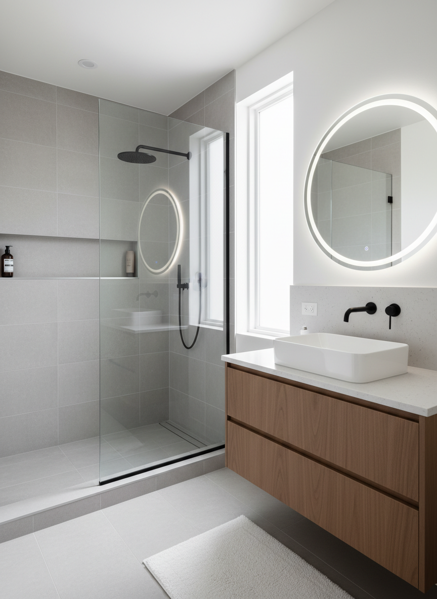 A beautifully renovated bathroom showcasing a frameless glass walk-in shower with large-format matte porcelain tiles in soft stone-gray, paired with a floating wood vanity in a warm walnut tone and a pure white rectangular vessel sink. The countertop is a smooth, light quartz with subtle speckles, and a sleek black wall-mounted faucet adds a modern contrast. A backlit LED mirror creates a soft halo glow, supplementing diffused daylight entering through a frosted window. The space feels serene and spa-like, with carefully aligned grout lines and flawless caulking visible in photographic detail. Captured from a slightly elevated, corner angle to show both the vanity and shower, the composition follows clean, horizontal lines with sharp focus. The professional, minimalist design and photographic realism highlight precision craftsmanship in residential remodeling.